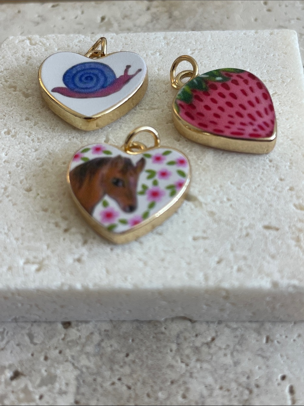 Porcelain Heart Charm Set Strawberry Snail Horse Ceramic Pendant Lot - Picture 3 of 3